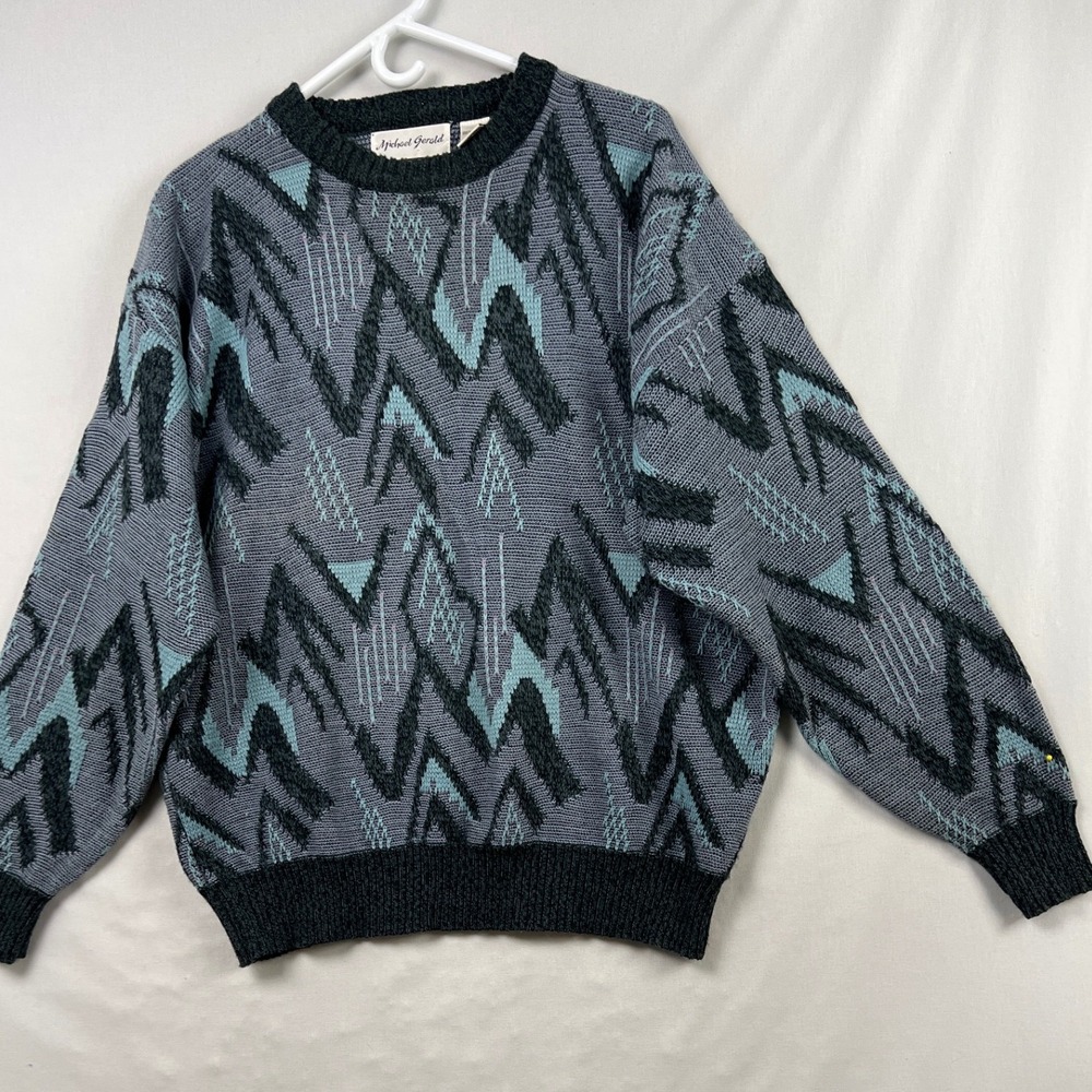 Vintage 80s Michael Gerald Sweater Mens XL Grey Teal Abstract Textured  Knit
